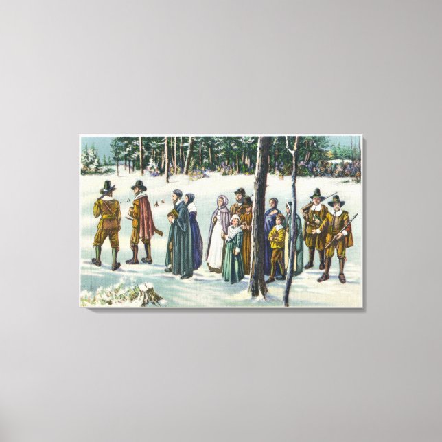 Pilgrims Going to Church in the Snow Scene Canvas Print (Front)