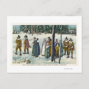 Pilgrims Going to Church in the Snow Scene Postcard