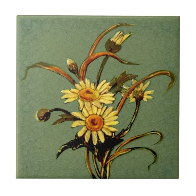 Pilkington c1900 Green Daisies Slip Painted Repro Tile (Front)