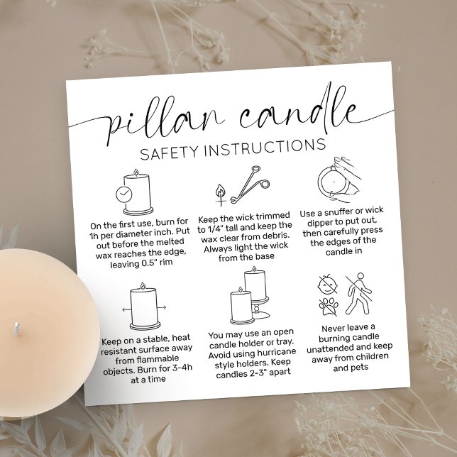 Pillar Candle Care Carte de remerciements Élégant  (Pillar candle safety instructions cards with care icons, modern layout and space for your logo)