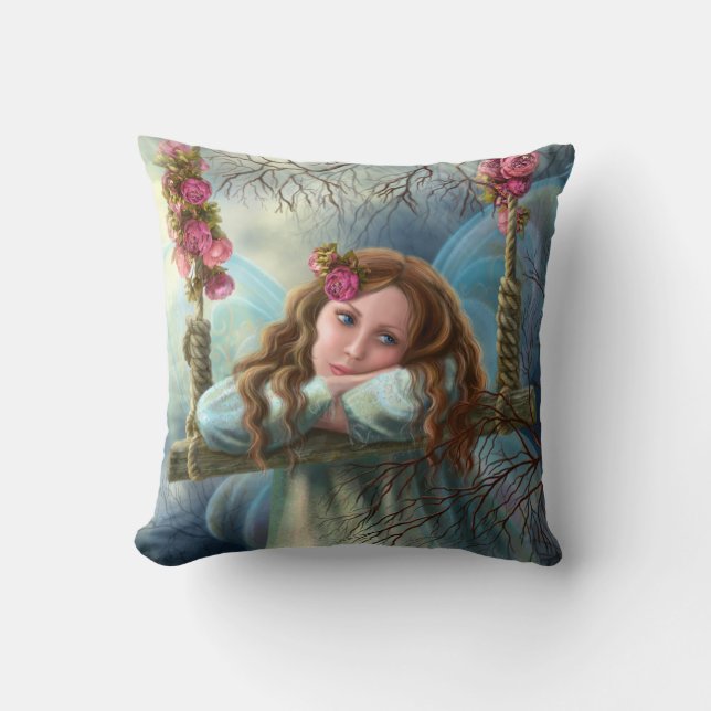 Pillow beautiful young fairy butterfly on swing (Front)