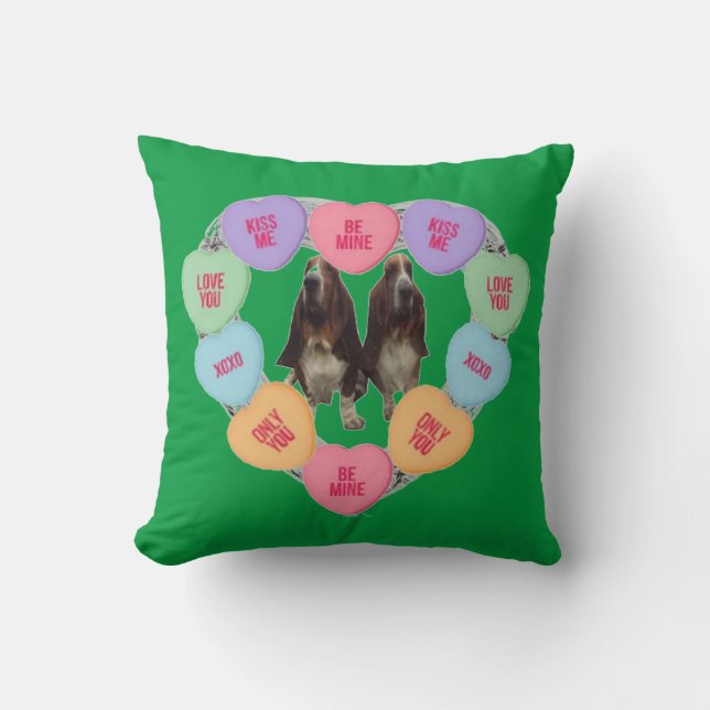 Pillow Candy Love Hearts With Bassets (Front)