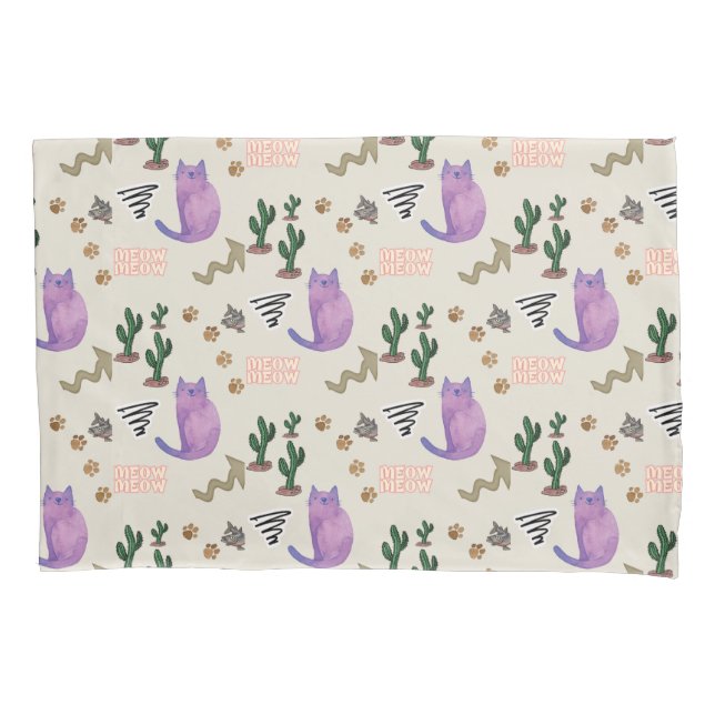 Pillow Case Cat Fish Meow Paws Cactus  (Front)