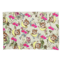 Pillow Case Monkey Bananas Pink Hearts Floral