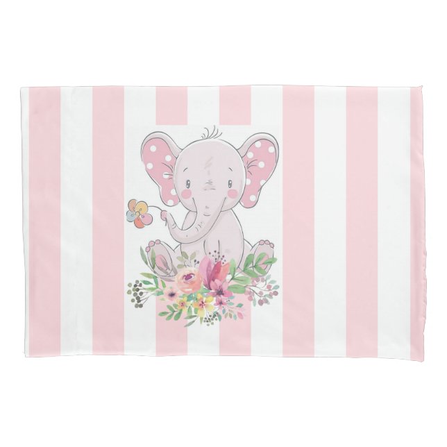 Pillow Case Pink Stripe Elephant Floral  (Front)