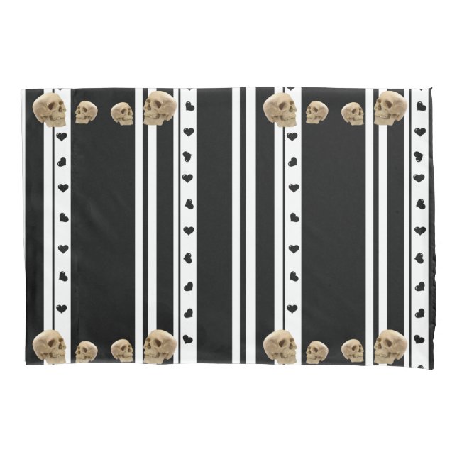 Pillow Case Skulls Black Hearts White Stripe (Front)