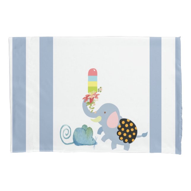 Pillow Case Stripe Blue Elephant Mouse  (Front)