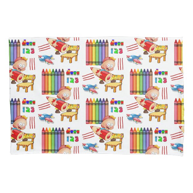 Pillow Case Trains Crayons Numbers Airplane (Front)