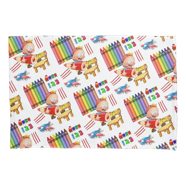 Pillow Case Trains Crayons Numbers Airplane (Front)