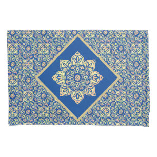 Pillow case with Boho gold medallions on blue