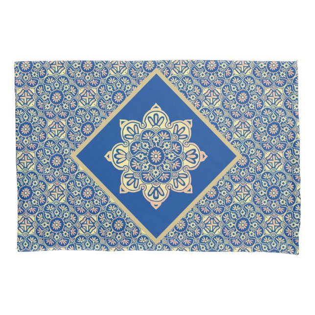 Pillow case with Boho gold medallions on blue (Front)