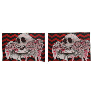 Pillow Cases skull Rose Gothic Chevron red black