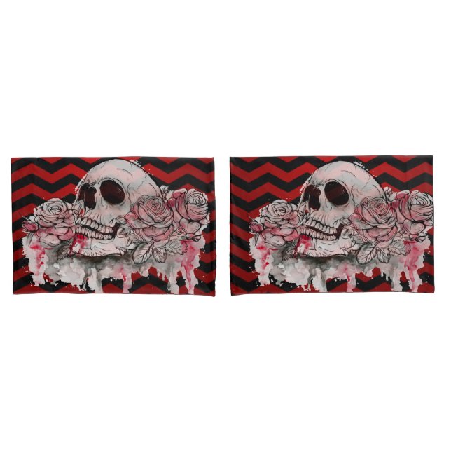 Pillow Cases skull Rose Gothic Chevron red black (Front-Set)