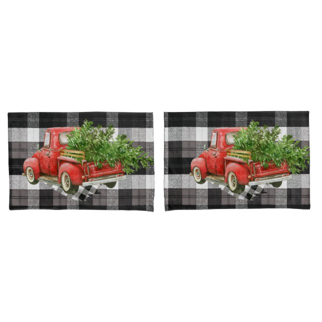 Pillow Cases XMAS Truck Baffalo Plaid Black White (Front-Set)