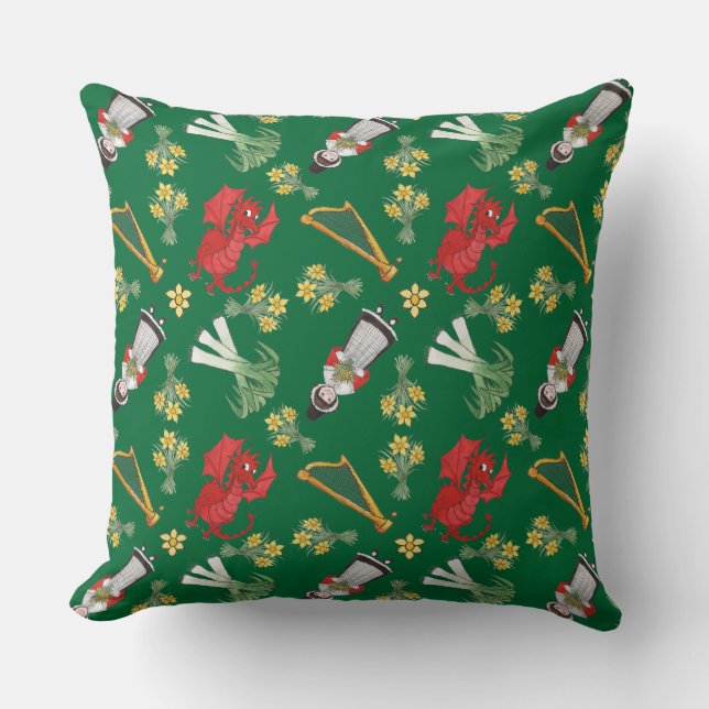 Pillow, Cushion: Welsh Daffodils Dragon Leeks Harp Throw Pillow (Front)