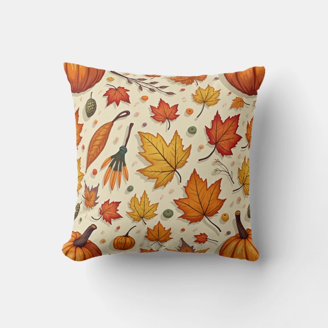 Pillow cushion with fallen leaves and pumpkins (Front)