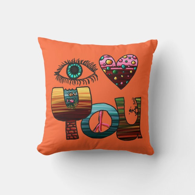 Pillow, I Love You Doodle, Cute Fun Colourful Throw Pillow (Front)