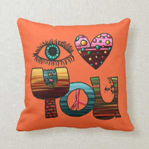 Pillow, I Love You Doodle, Cute Fun Colourful Throw Pillow