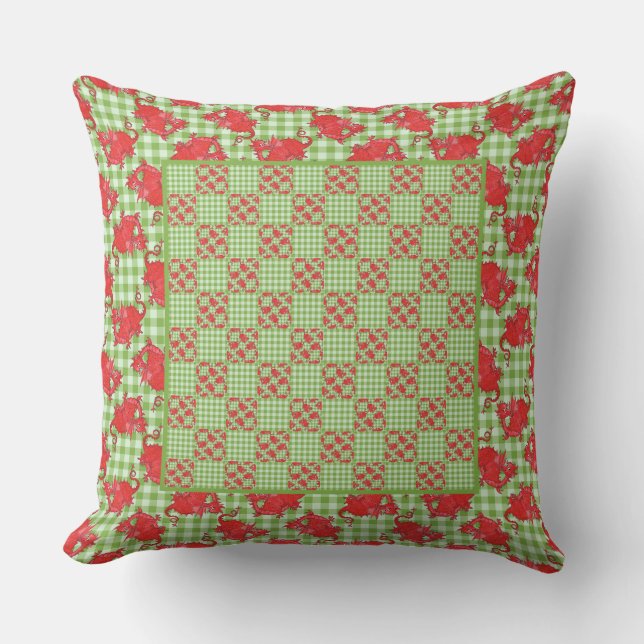 Pillow or Cushion Cute Red Dragon on Green Gingham (Front)