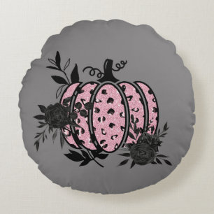 Pillow, Pink and Black Floral/Leopard Pumpkin Round Pillow