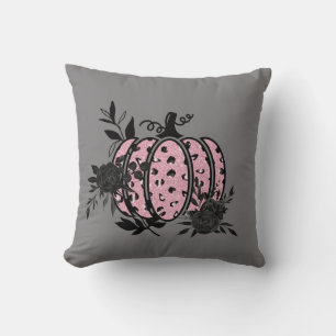 Pillow, Pink and Black Floral/Leopard Pumpkin Throw Pillow