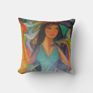 Pillow, Stained glass painting beautiful woman Throw Pillow