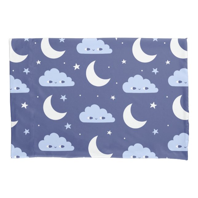 Pillowcase Navy Kawaii Moon Stars Clouds (Front)