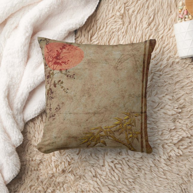 Pillows Asian Rustic Gold Red Bamboo Blossom (Blanket)
