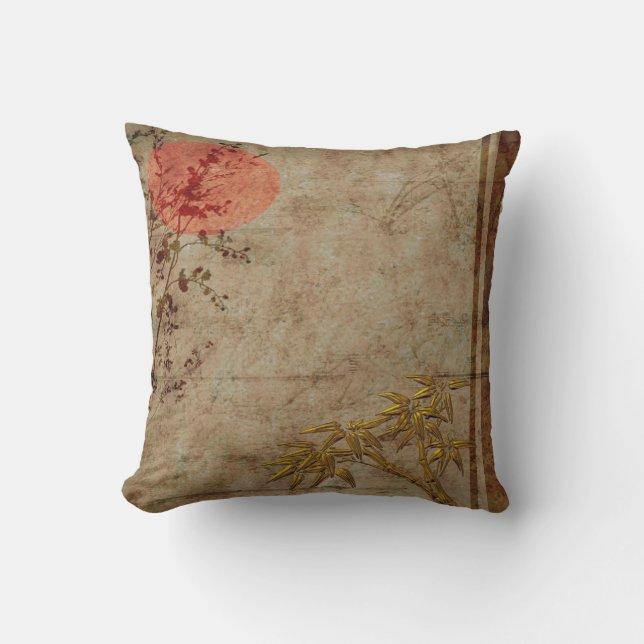 Pillows Asian Rustic Gold Red Bamboo Blossom (Front)