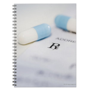 Pills on written prescription notebook