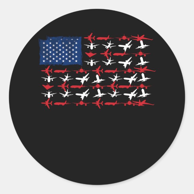 Pilot Airplane American Flag Plane Aviation Indepe Classic Round Sticker (Front)