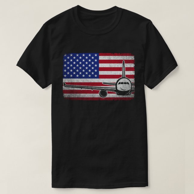 Pilot Airplane American Flag Plane Aviation  T-Shirt (Design Front)