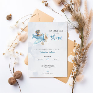 Pilot Bear Airplane 3rd Birthday Party Invitation