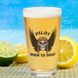 Pilot Born to Soar Skull Wings Cool fun Aviation Glass