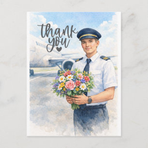 Pilot holds flowers standing on the runway  postcard