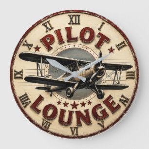 Pilot Lounge Vintage Biplane Retro Aviation Hangar Large Clock