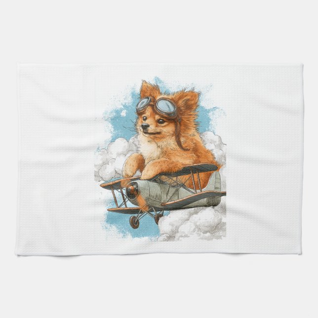 Pilot Pomeranian � Flying Ace Dog Kitchen Towel (Horizontal)