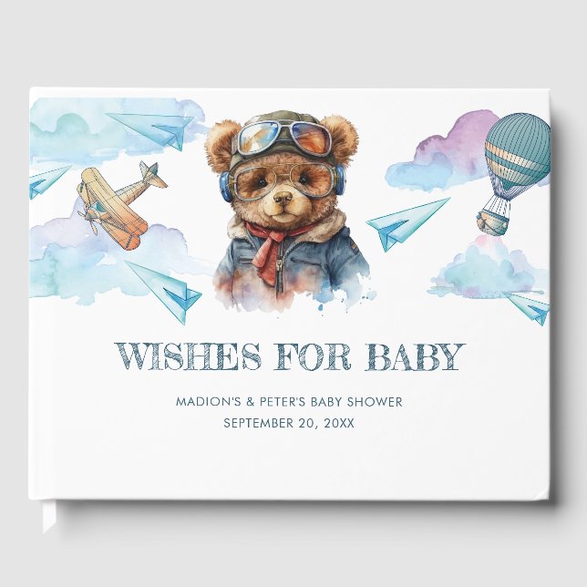 Pilot Teddy Bear Baby Shower wishes for baby Guest Book (Front)
