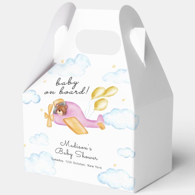 Pilot Teddy Bear Balloon Airplane Baby Shower  Favor Box (Front)