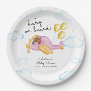 Pilot Teddy Bear Balloon Airplane Baby Shower  Paper Plate