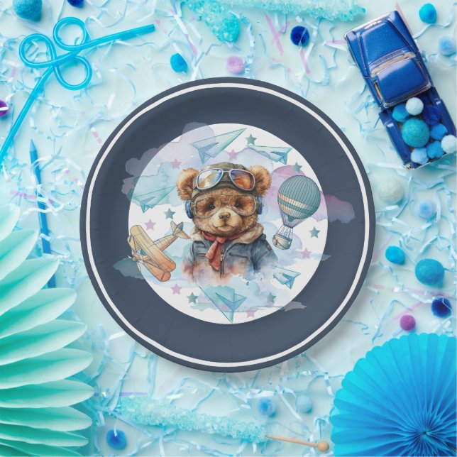 Pilot Teddy Bear Birthday Baby Shower Paper Plate (Party)