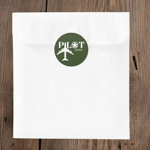Pilot Typography & Airplane Military Green Custom  Classic Round Sticker
