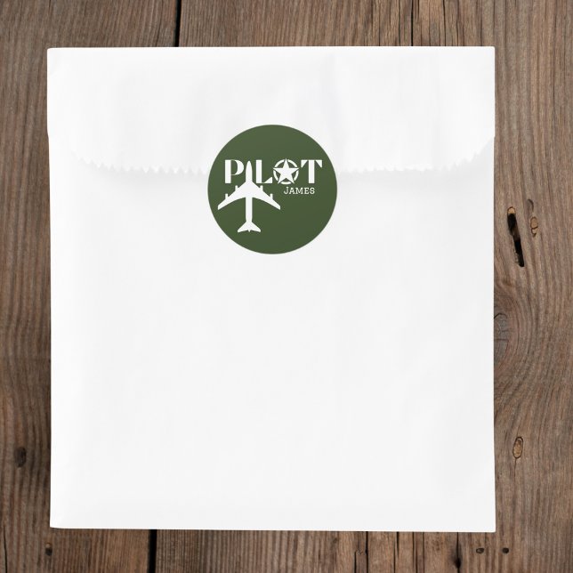 Pilot Typography & Airplane Military Green Custom  Classic Round Sticker (Creator Uploaded)