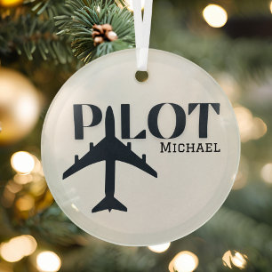 Pilot Typography & Airplane,Minimalist Personalize Glass Ornament