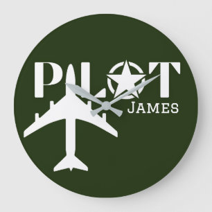 Pilot Typography & Airplane Minimalist Personalize Large Clock