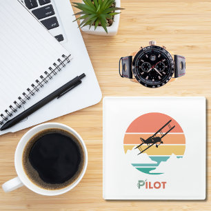 Pilot Typography,Vintage Retro,Simple Airplane Gl Glass Coaster