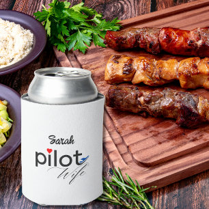 Pilot Wife Typography & Airplane Simple,Minimalist Can Cooler