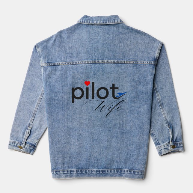 Pilot Wife Typography & Airplane Simple,Minimalist Denim Jacket (Back)