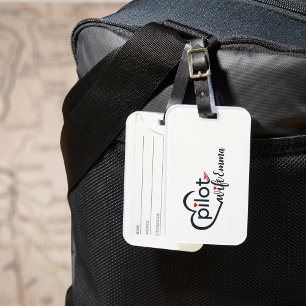 Pilot Wife Typography & Airplane Simple,Minimalist Luggage Tag