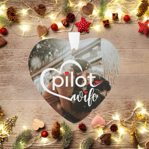 Pilot Wife Typography Heart & Airplane, Cute Photo Ornament